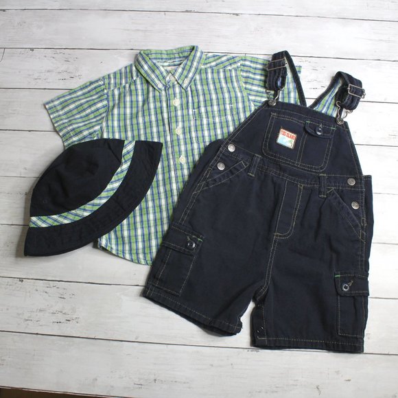 TCP Vintage Baby Boy Bib Overall Shorts Shirt Bucket Hat Set Size 24 Mo - Picture 3 of 9
